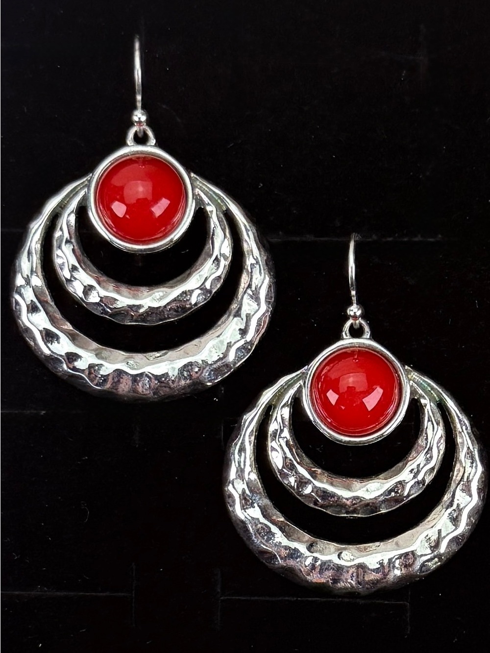Silvertone and Red Dangle Weighted Pierced Earrings